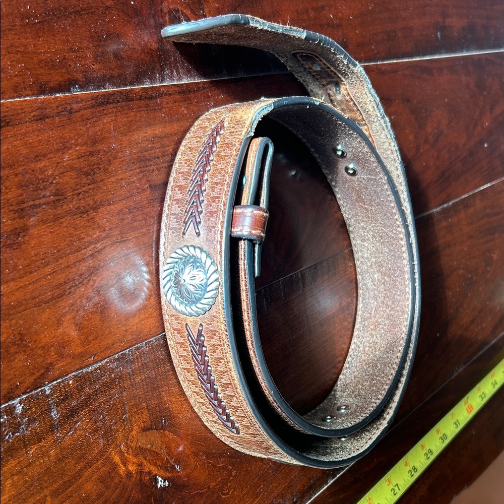 Ariat Tan and Brown Embossed Men's Belt with 4 Conchos 42” long